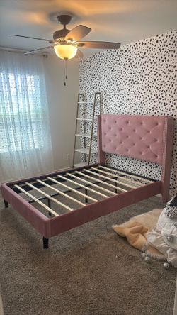 Full Pink Velvet Tufted Bed Frame