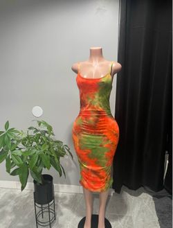 Orange Green Tie Dye Bodycon Ruched Midi Dress