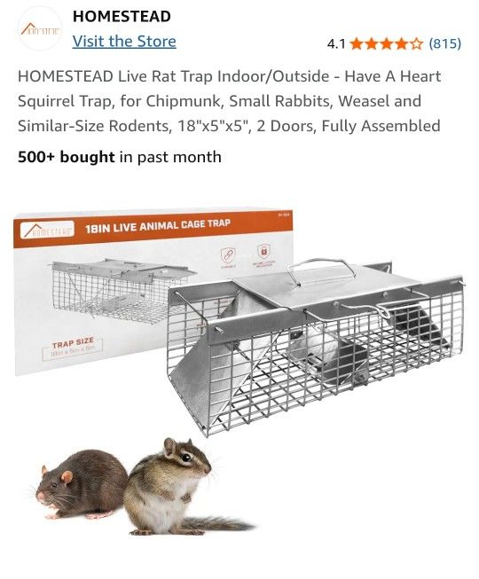 HOMESTEAD Live Rat Trap Indoor/Outside - Have A Heart Squirrel Trap, for Chipmunk, Small Rabbits, Weasel and Similar-Size Rodents, 18"x5"x5", 2 Doors,