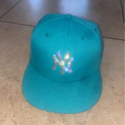 SHON LE MON TEAL BLUE ICED OUT BEDAZZLED YANKEE WORLD SERIES FITTED 7 3/4