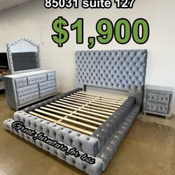 4 PCs Queen Size Bedroom Set Grey Velvet Include Bed Frame Dresser Mirror And 1 Nightstand Brand New