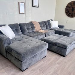 Fast Delivery Available — Jonathan Louis “Crosby” 3pc Greenish Gray Microsuede U Sectional Couch w/ Storage Ottoman Set