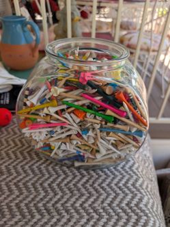 Large Lot of Mixed Golf Tees in Glass Jar