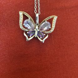 Diamond And Amethyst Butterfly Pendant