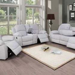 Gray Linen Fabric Fully Reclining Three Piece Couch Set