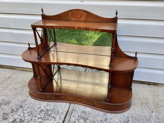 Vtg. Mahogany Hanging Wall Shelf Mirror Back Display 3 Tiered Curio Drawer