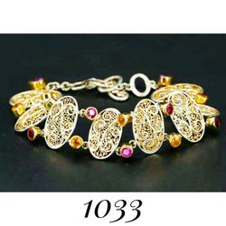 7.5" x 20mm RARE Fine Sterling Silver w 14k Yellow Gold Overlay Multi-Gemstone Filagree Artisan Bracelet. Signed. Flawless