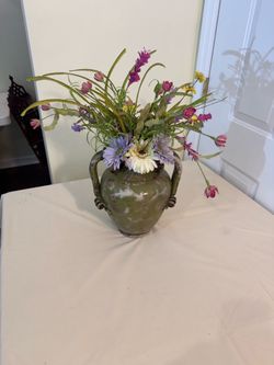Olive Green Ceramic Urn with Silk Wildflower Arrangement