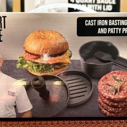 NEW! Robert Irvine 4 piece set cast iron basting and, patty press- burgers. 