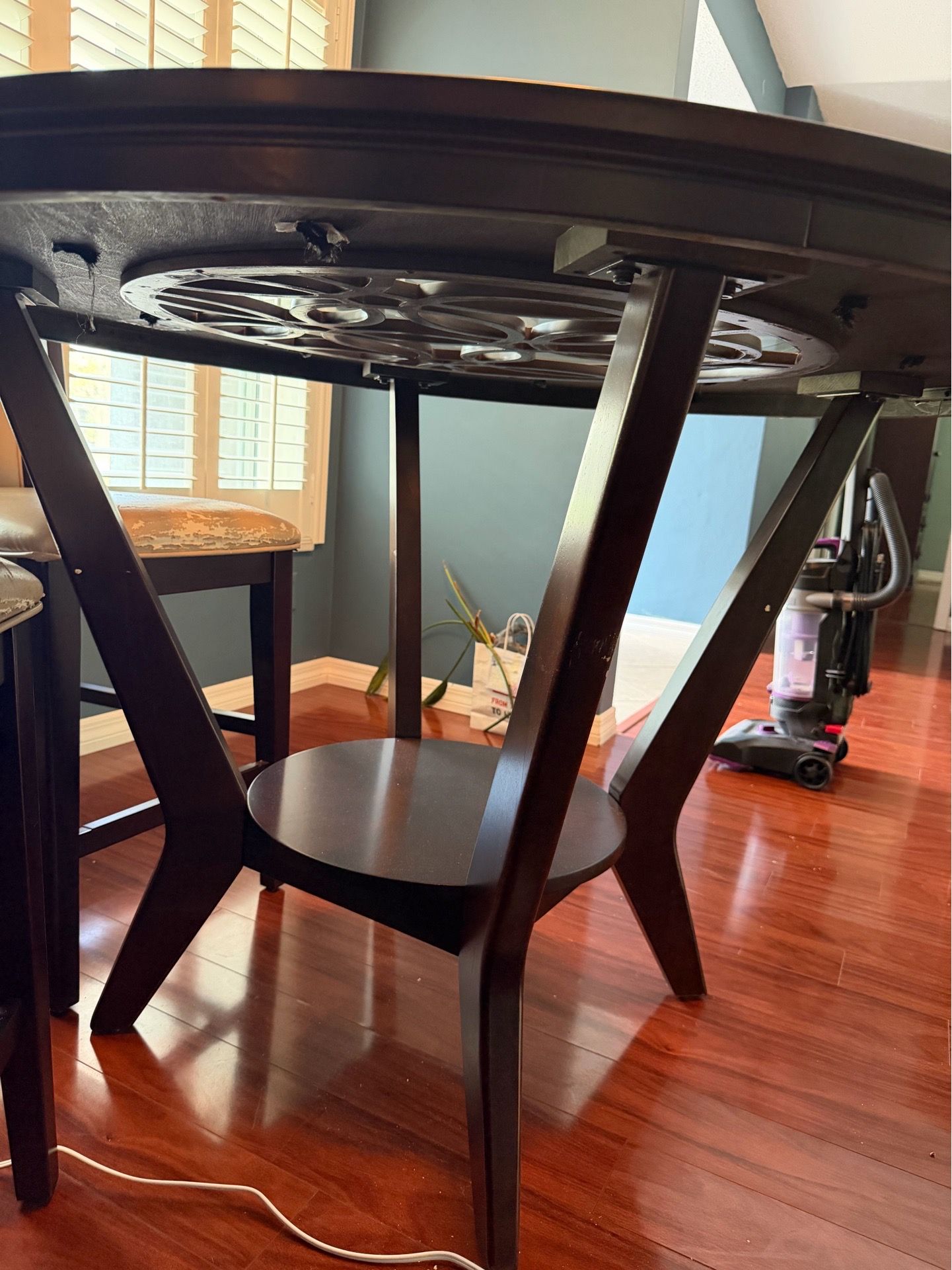 High top dining room table, 4 chairs, cabinet and coffee table set