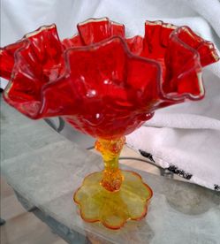 Vintage Fenton Amberina Cabbage Rose Candy Dish
