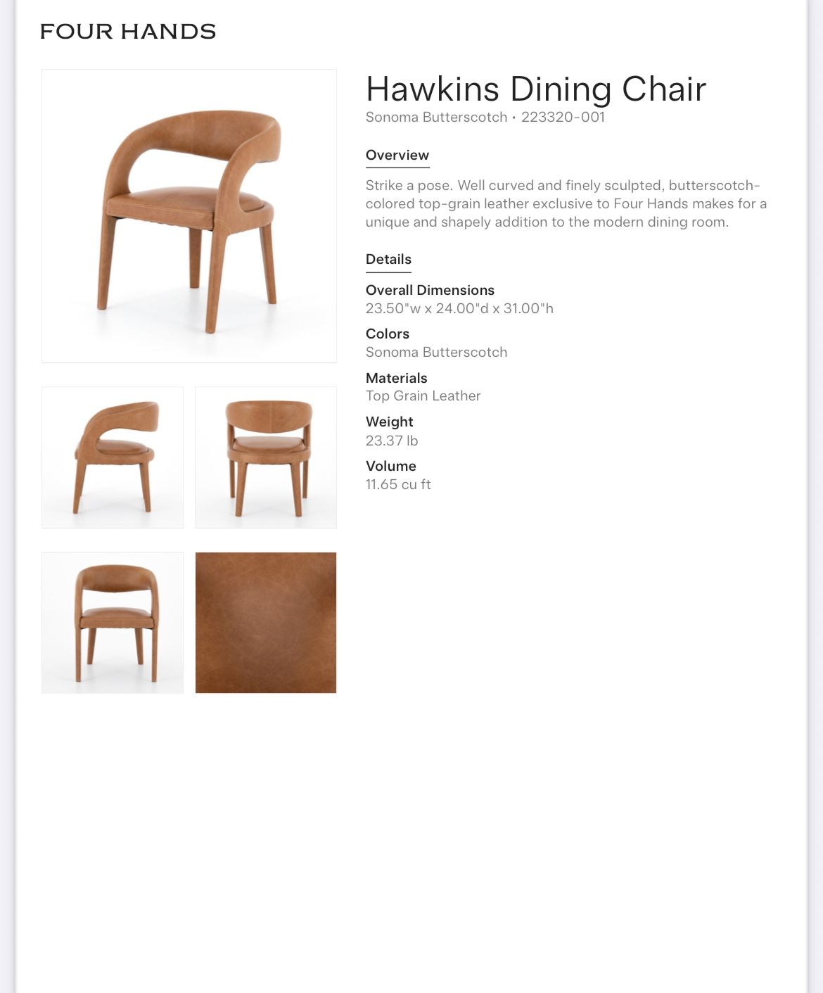 $450 EACH - Four (4x) Designer Dining Chairs in Sonoma Butterscotch (Four Hands - Hawkins)