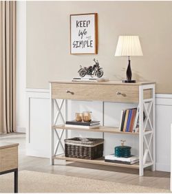 Vintage Wooden Console Table with 1 Drawer and 2 Open Shelves, Light Oak