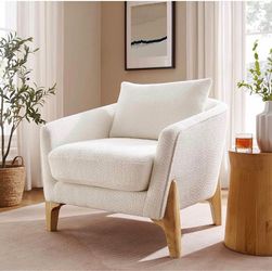 Accent Chairs for Living Room, 32" Oversized Reading Chair, White,Boucle Living Room Chairs, Wood Le