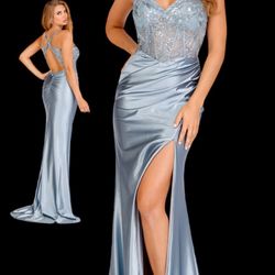 New With Tags Silver Satin Corset Bodice Long Formal Dress & Prom Dress $139