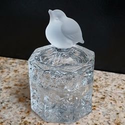 Small Vintage Cut Glass Bird 8 Sided Covered Trinket/Ring Box 3.75"H x 2W
