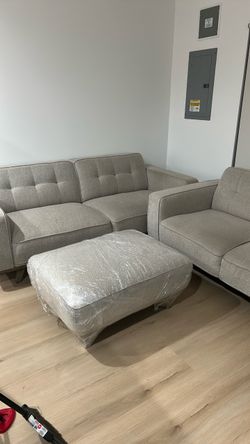 Mid-Century Modern Gray Fabric Loveseat, Ottoman, Solid Wood Table