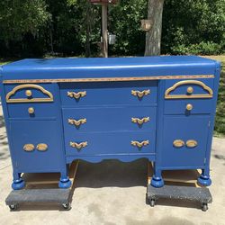 (VINTAGE REFINISHED) Royal Blue and Gold 7 DRAWER DRESSER OBO