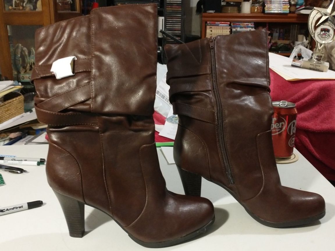 Size 9 Ana Brown Heeled Boots With Buckles And Straps BRAND NEW