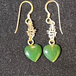 Vintage Gold ☆PLATED☆  With Jade Heart Dangle Earrings