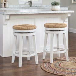 2 Swivel Counter Stools with Woven Seat - White