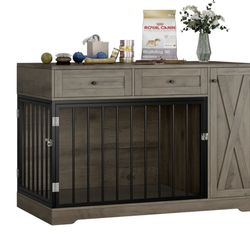 Homfa Dog Crate with Storage Cabinet and 2 Drawers, Indoor Furniture Style Wooden Large Dog Kennel, Wash Gray
