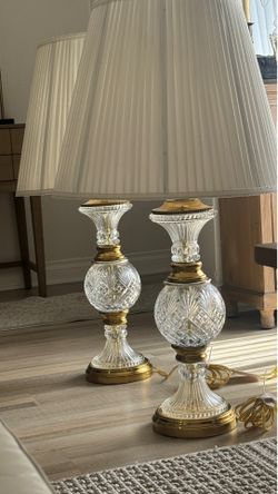 Vintage Oversized Cut Crystal Table Lamps (Pair) Heavy Brass & Crystal