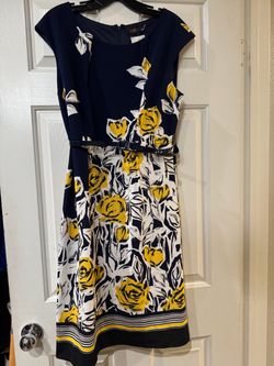 Navy Floral Belted Midi Dress