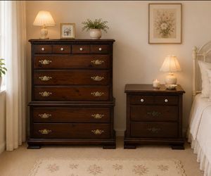 Vintage Solid Dark Wood Tall Dresser and Nightstand Set