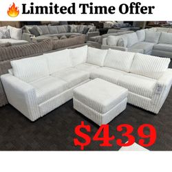 Milk Color 4 Piece Corduroy Sectional Sofa With Ottoman 92"W X 92"WX 35"H