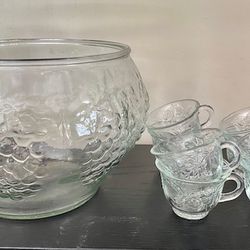 Vintage 9 Pc. Indian Glass Clear Celebration Grape Punch Bowl.& Cups