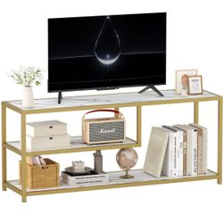 55-Inch Modern 3-Tier TV Stand Entertainment Center with Faux Marble Top and Gold Metal Legs
