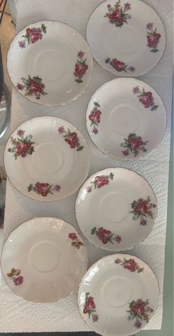 Lot of 7 Vintage Japanese Porcelain Saucers - Pink Rose and Floral Cluster, Scalloped Gold Rim