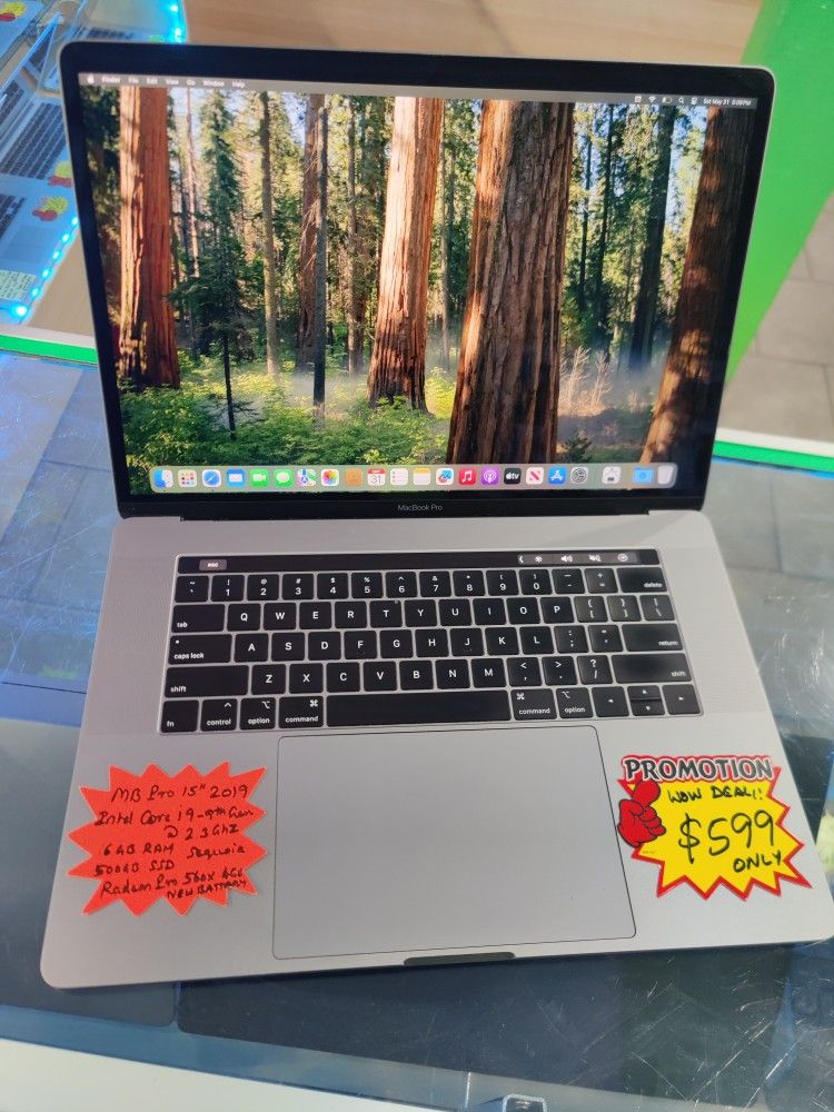 MacBook Pro 15" 2019 Retina Intel 8 Core i9-9th , 16GB Ram, 512gb SSD, Radeon Pro 560X 4GB Graphics, macOS Sequoia, Microsoft Office, Charge