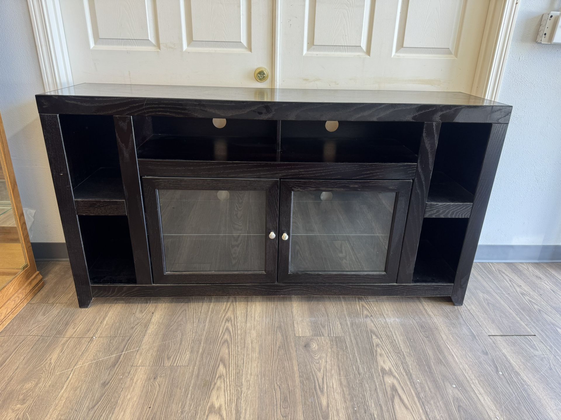 Espresso Media Console TV Stand with Glass Doors & Shelving – 65” Wide