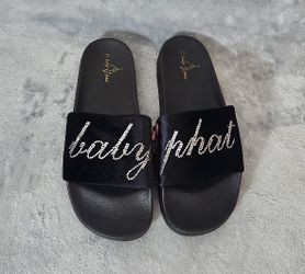 Baby Phat Rhinestone Script Logo Slide Sandals, Size: 11 Color: Black 
