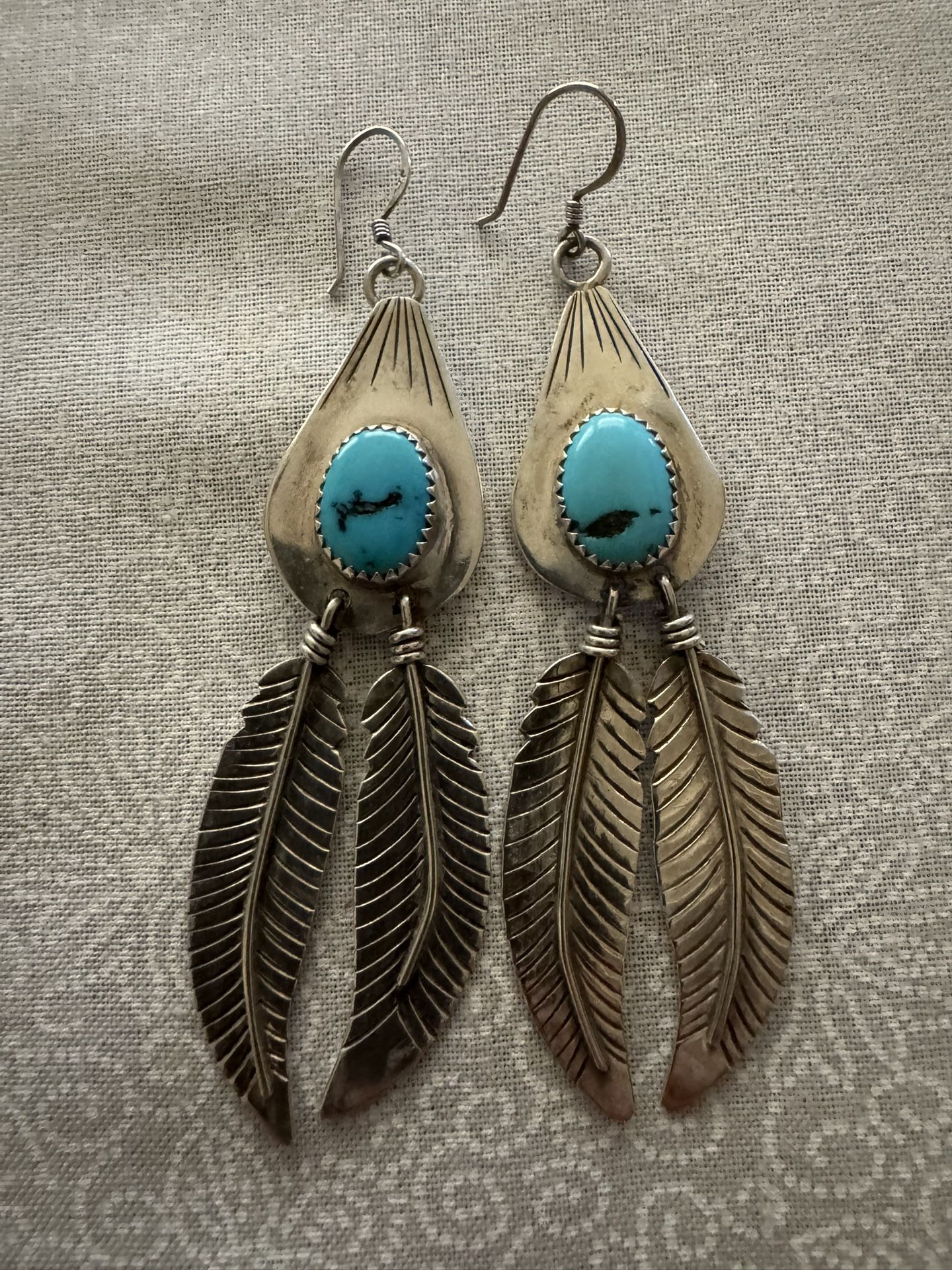 Sterling Silver & Turquoise Earrings with 2 Feathers $45