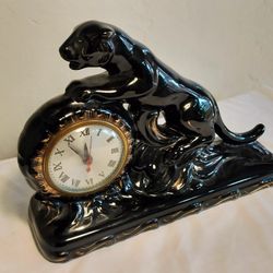 Vintage 1950 Black and Gold Panther Mantel Clock. Please See Full Description 