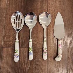 4 piece, 3 Portmeirion Botanic Garden salad servers (stainless steel, porcelain handles) & stainless steel cake/pie server made in Sheffield, England