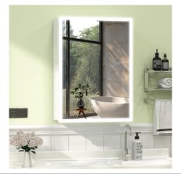 Medicine Cabinet with Light (Full Assembled), 16''x22'' LED Lighted Bathroom Mirror with Storage, Smart Anti-Fog, Aluminum Wall Mounted White 