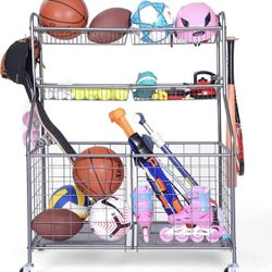 Garage Sports Equipment Storage Organizer with Baskets and Hooks - Easy to Assemble - Sports Ball Gear Rack Holds Basketballs, Baseball Bats, Football