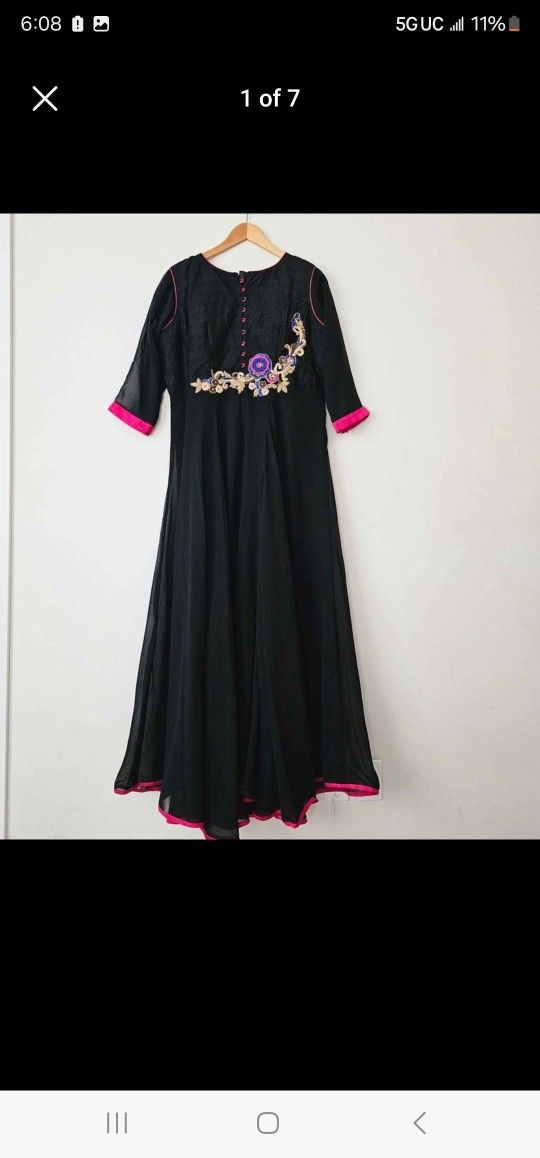 black 2000s prom dress Indian Designer Black Anarkali Gown with Dupatta for Wedding M / Black