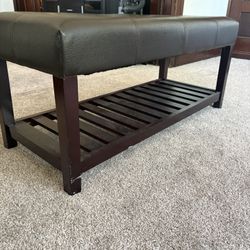 Modern Storage Bench with Faux Leather Cushion – Dark Wood