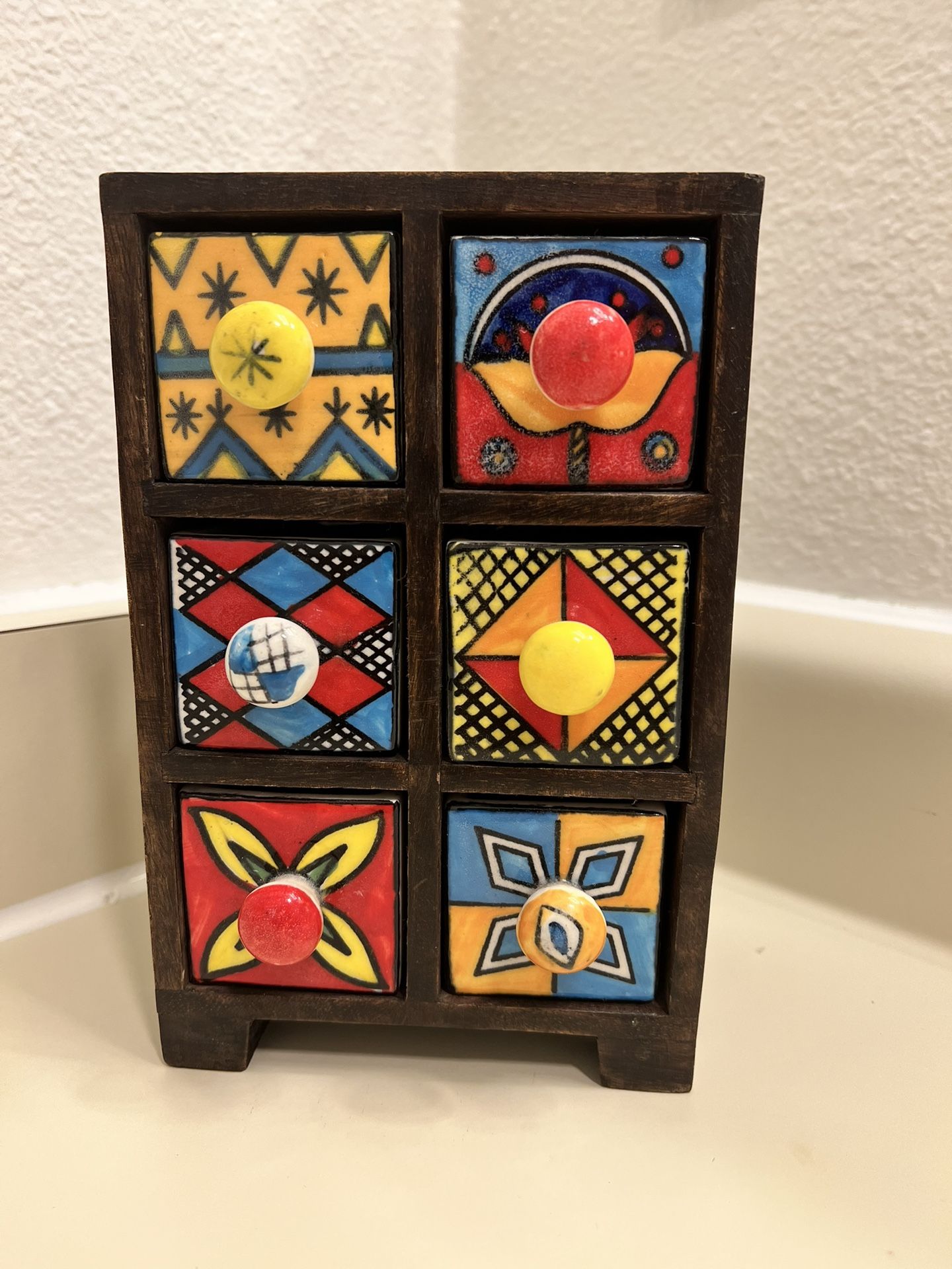 Wood Ceramic Porcelain Apothecary Spice Cabinet Box Tea Jewelry 6 Drawers