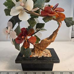 Vintage Chinese gemstone bonsai tree sculpture hand-carved jade leaves and red agate/rose quartz flowers