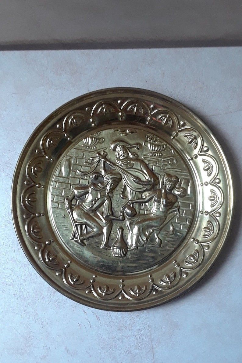 Vintage Brass Wall Plaque Made in England, Embossed Brass Decorative Plate with Festive Scene
