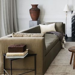 West Elm Slipcovered Minimalist Style Couch & Brown Coffee Table