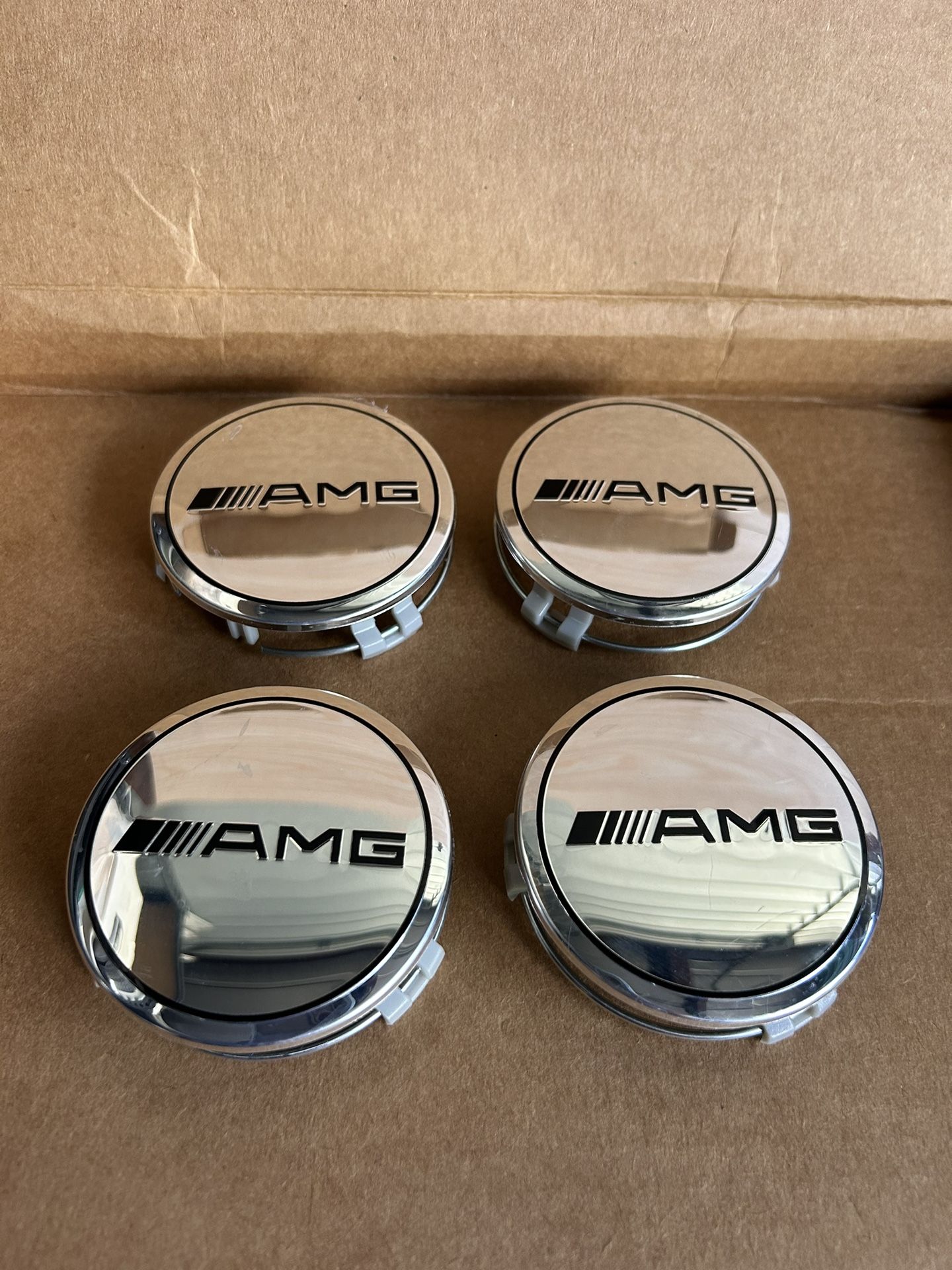SET OF 4 Mercedes Benz AMG 75MM Silver & Black Rim Wheel Center Hub Caps Emblem