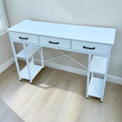 White Desk & Vanity Table | 3 Drawers + Side Shelves | Compact & Lightweight