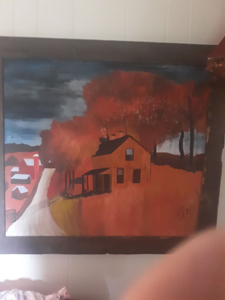 42x 37 1/2 Oil painting Antique Farm house